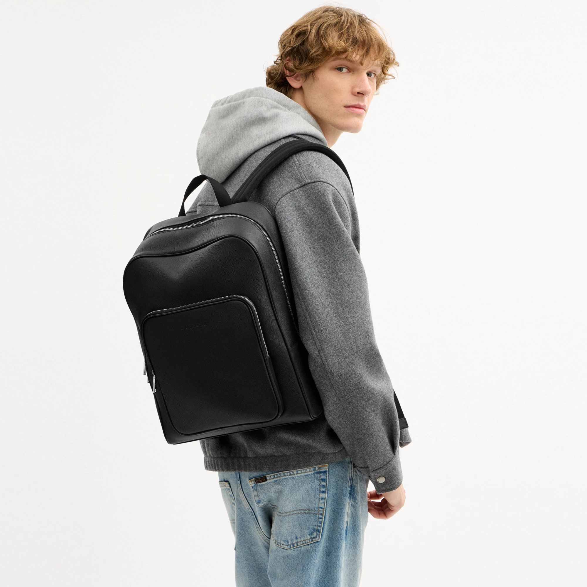 COACH®,Aiden Backpack,Recycled Polyester,Leather,Backpack,Logo,Sustainable,Adjustable,Suitcase Sleeve,Durable Fabric,Silve...,Black,Detail View