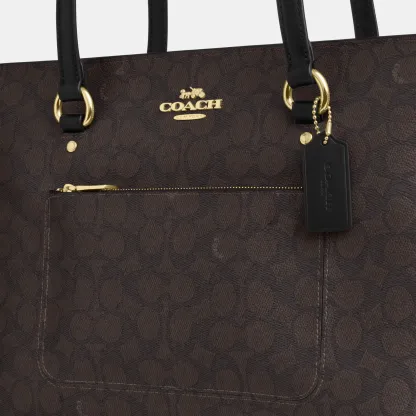 COACH®,Station Tote Bag In Signature Canvas,Canvas,Fabric,Mixed Media,Leather,Tote,Logo,Pattern,Luggage Tag,Lined,Silver M...,Multi Color,Closer View