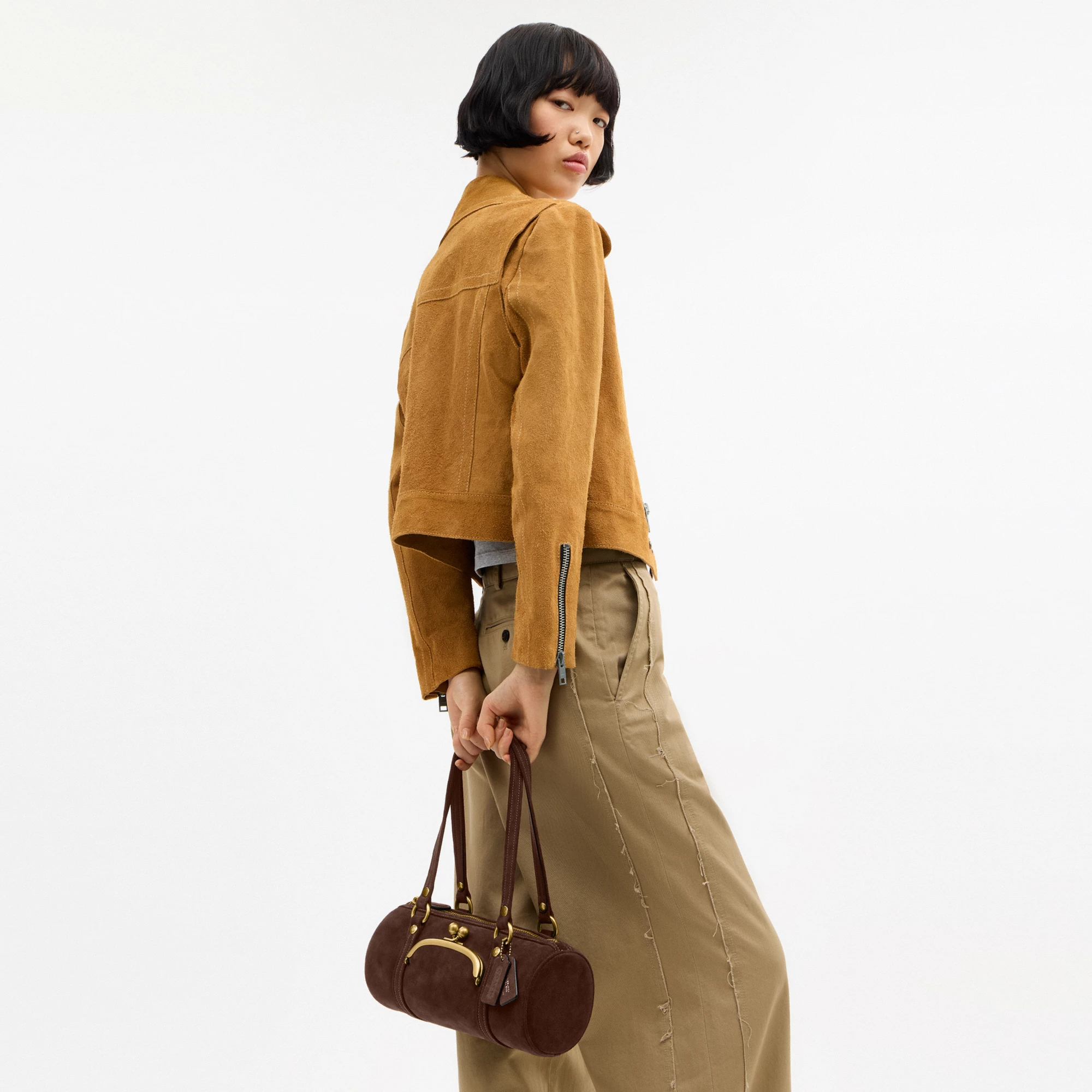 COACH®,Kisslock Barrel Bag 28,Lining Cotton,Suede,Leather,Barrel Bag,Pendant,Sustainable,Compact,Brass,Day Party,Brown,Detail View