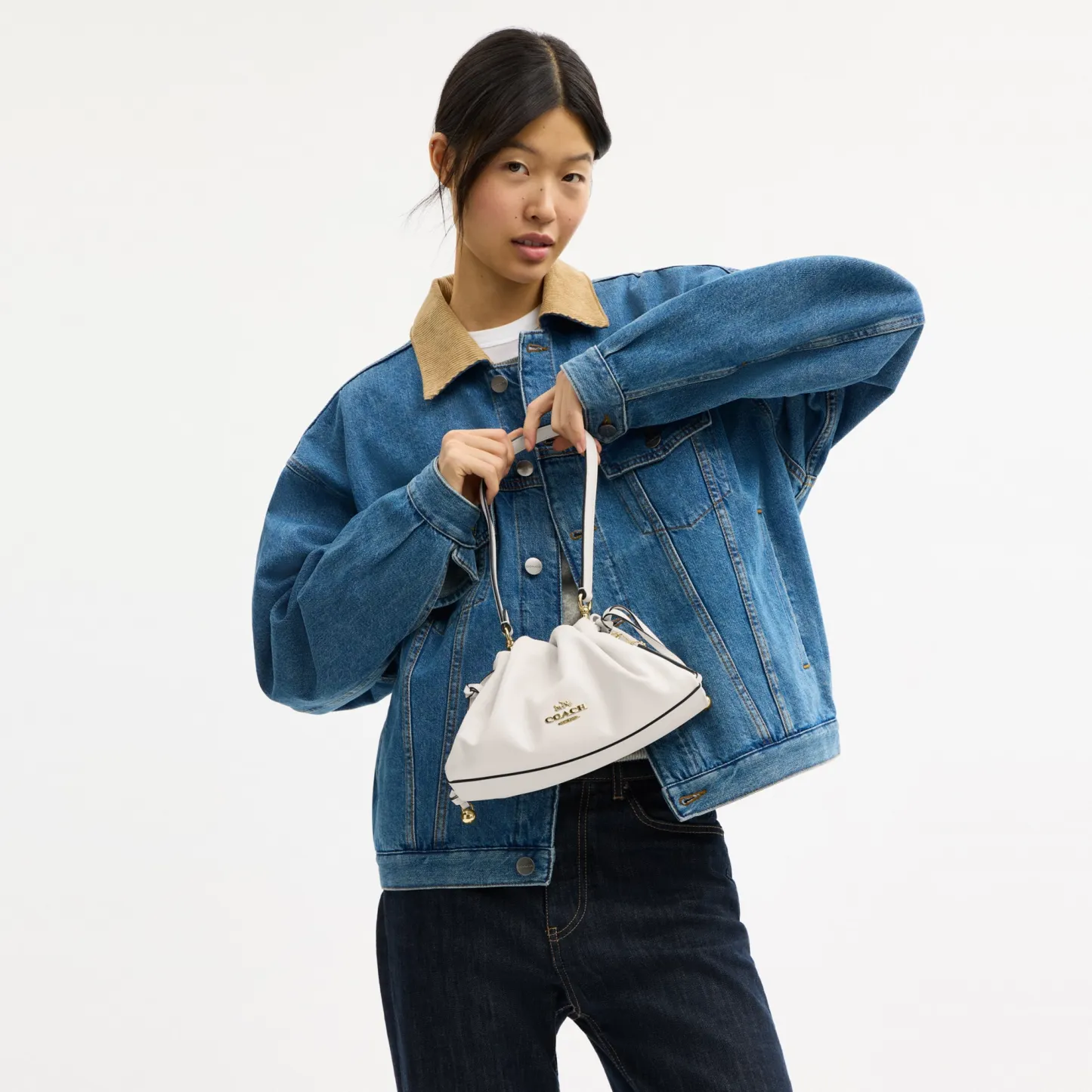 COACH®,Faye Shoulder Bag,Shoulder Bag,Metal,Ball Embellishment,Drawstring,Logo,Casual,White,Detail View