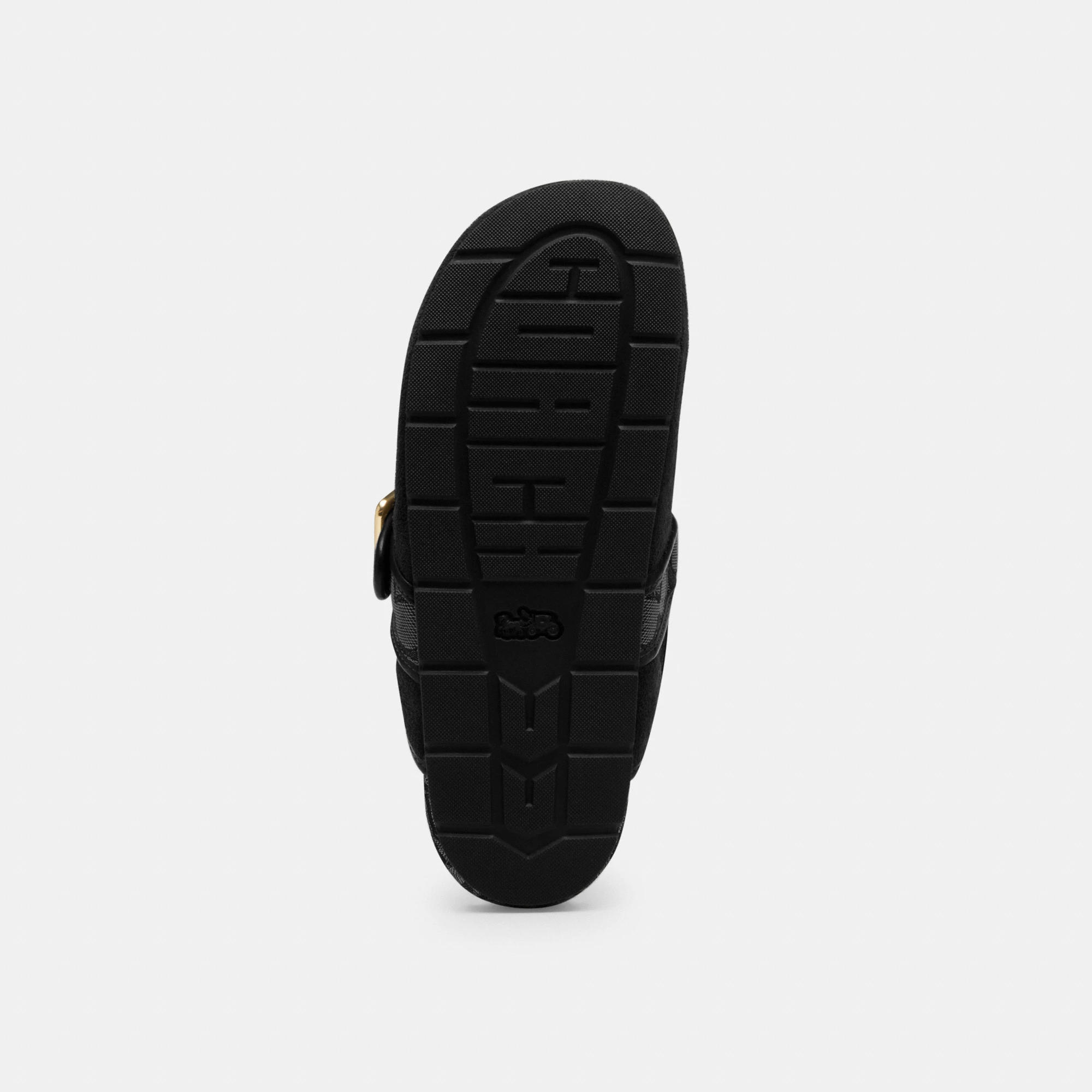 COACH®,Archival Buckle Clog,Rubber,Suede,Clogs,Fabric,Word Embellishment,Logo,Padded Insole,Sustainable,Traction,Cushioned...,Black,Outsole View