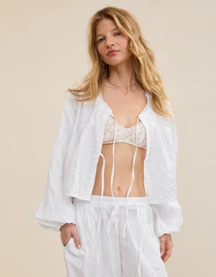 Aerie Seersucker Long Sleeve Volume Tie Top - White