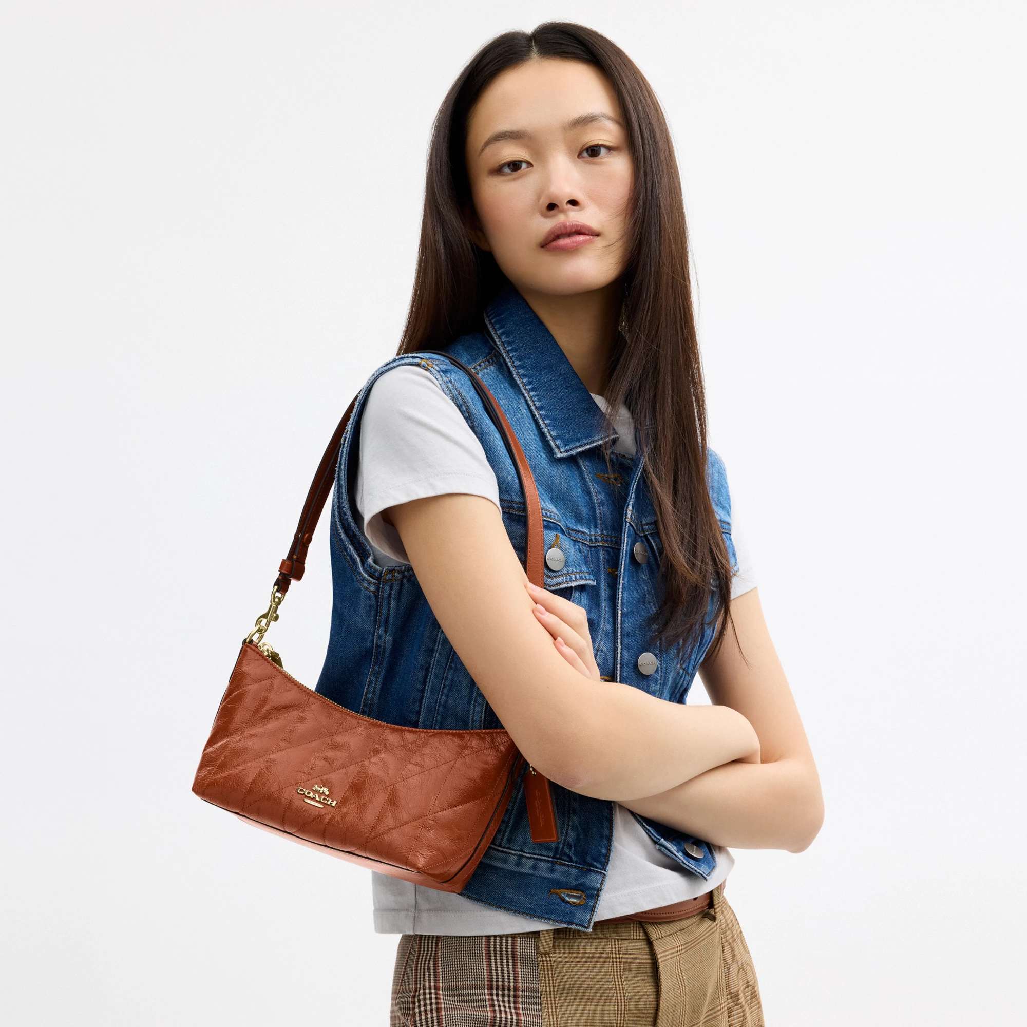 COACH®,Caitlin Shoulder Bag With Quilting And Charm,Recycled Polyester,Leather,Shoulder Bag,Metal Material,Metal,Logo,Sust...,Brown,Detail View