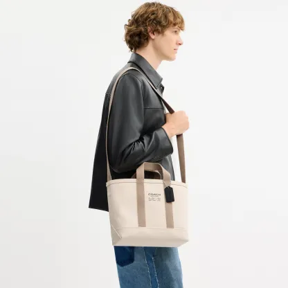 COACH®,Utility Tote 27,Canvas,Cotton,Leather,Tote,Logo,Adjustable,Sustainable,Casual, Father's Day,Cream,Detail View