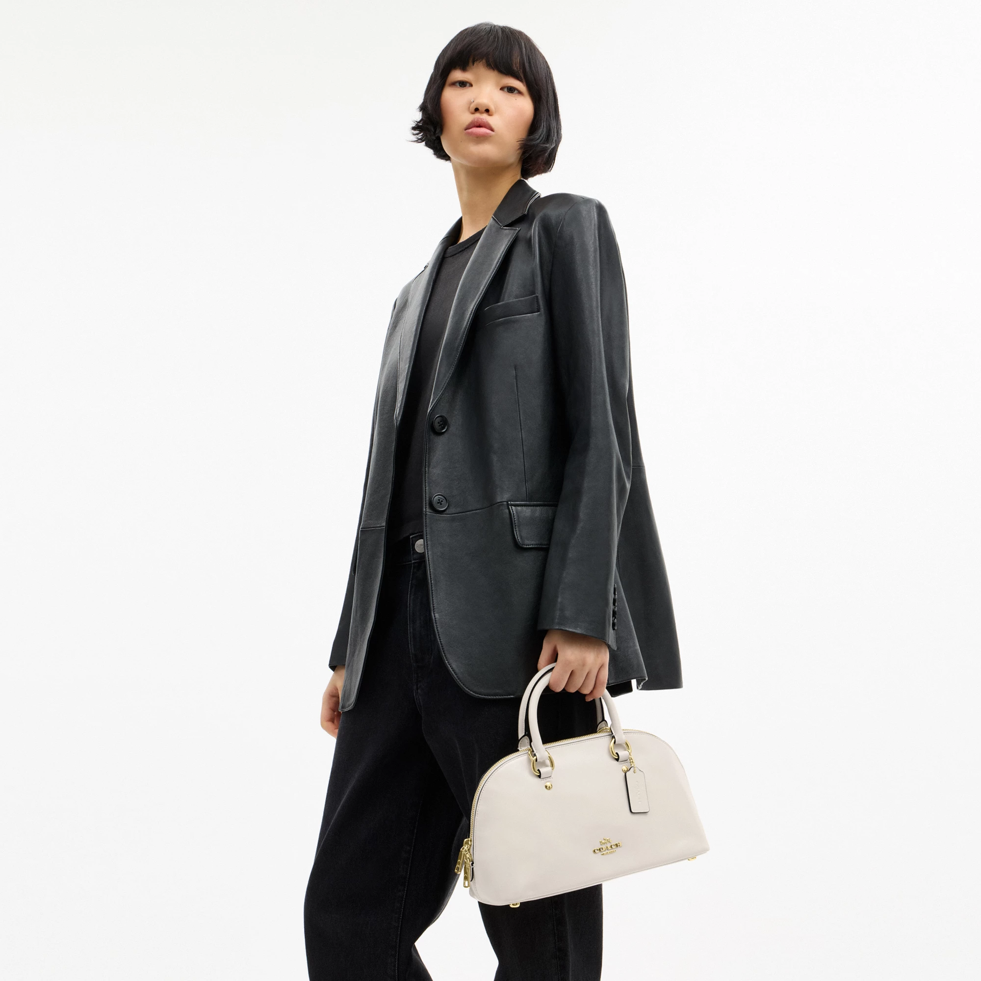 COACH®,Lara Satchel Bag,Recycled Polyester,Satchel,Logo,Metal,Casual,Cream,Detail View