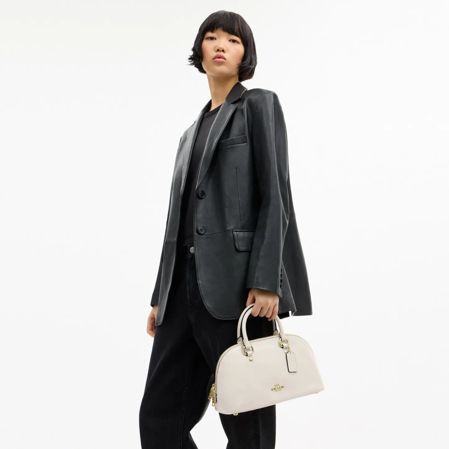 COACH®,Lara Satchel Bag,Recycled Polyester,Satchel,Logo,Metal,Casual,Cream,Detail View