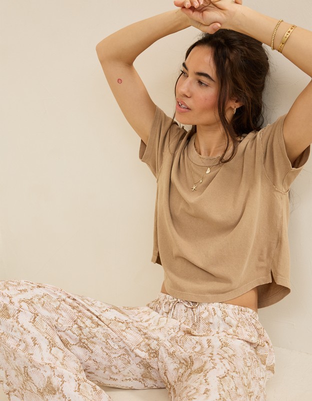 Aerie Summer Breeze Cropped T-Shirt - Toasted Almond