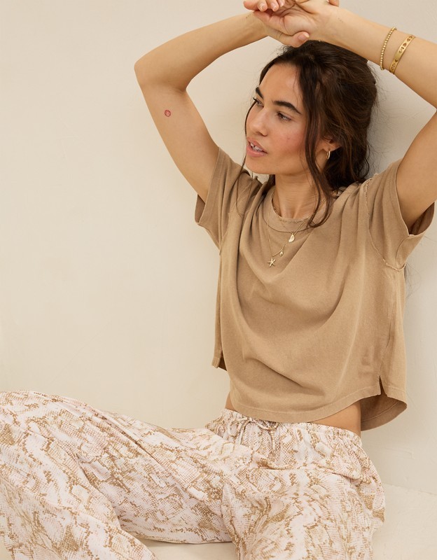 Aerie Summer Breeze Cropped T-Shirt - Toasted Almond