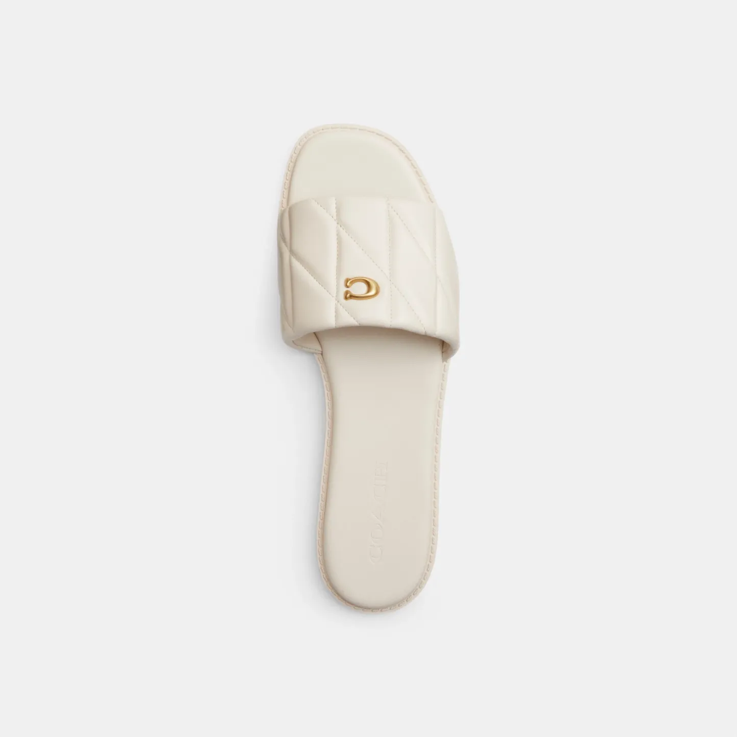COACH®,Holly Sandal With Quilting,Rubber,Leather,Slides,Metal,Logo,Traction,Cushioned,Casual,Cream,Inside View,Top View