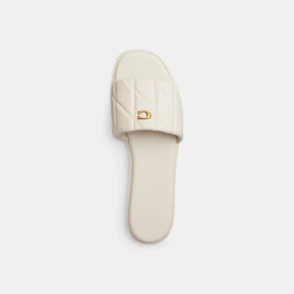COACH®,Holly Sandal With Quilting,Rubber,Leather,Slides,Metal,Logo,Traction,Cushioned,Casual,Cream,Inside View,Top View