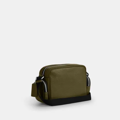 COACH®,Fletcher Crossbody Bag,Leather,Crossbody,Metal Material,Metal,Sustainable,Adjustable,Silver Metal,Casual,Olive,Angle View