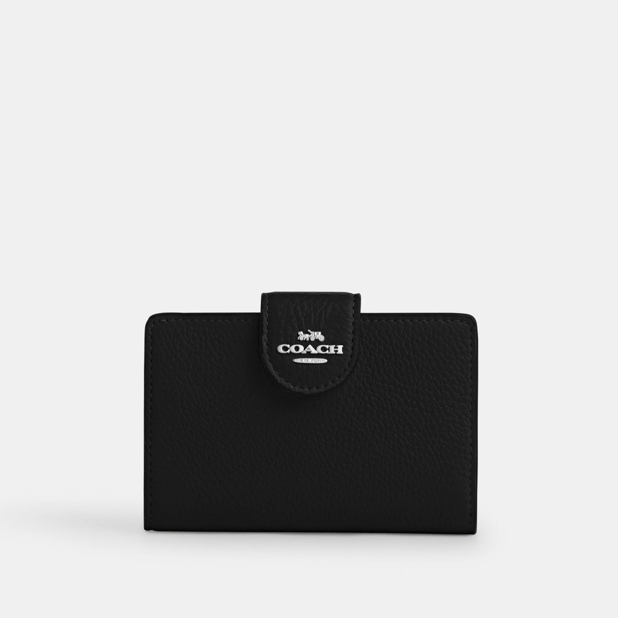 COACH®,Medium Corner Zip Wallet,Leather,Bi Fold,Logo,Metal,Travel,Black,Front View