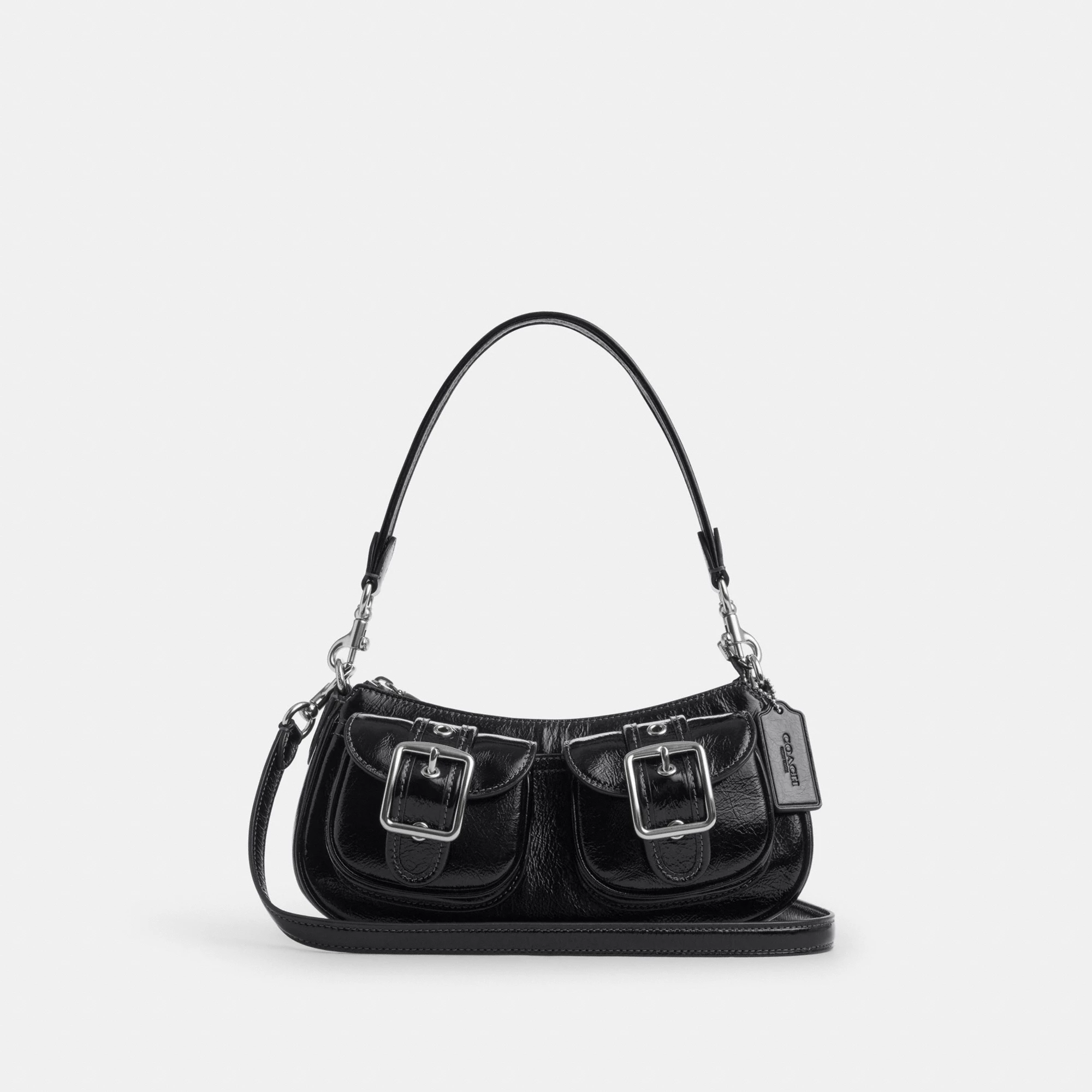 COACH®,Ashton Bag,Leather,Fabric,Shoulder Bag,Luggage Tag,Compact,Lined,Silver Metal,Day Party,Black,Front View