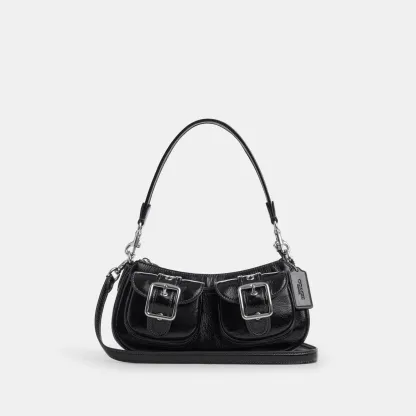 COACH®,Ashton Bag,Leather,Fabric,Shoulder Bag,Luggage Tag,Compact,Lined,Silver Metal,Day Party,Black,Front View