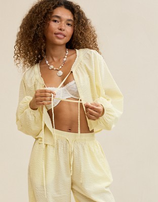 Aerie Seersucker Long Sleeve Volume Tie Top - Cozy Yellow