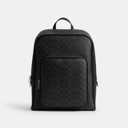 COACH®,Aiden Backpack In Signature Canvas,Canvas,Recycled Polyester,Leather,Backpack,Faux Leather,Sustainable,Suitcase Sle...,Black,Front View
