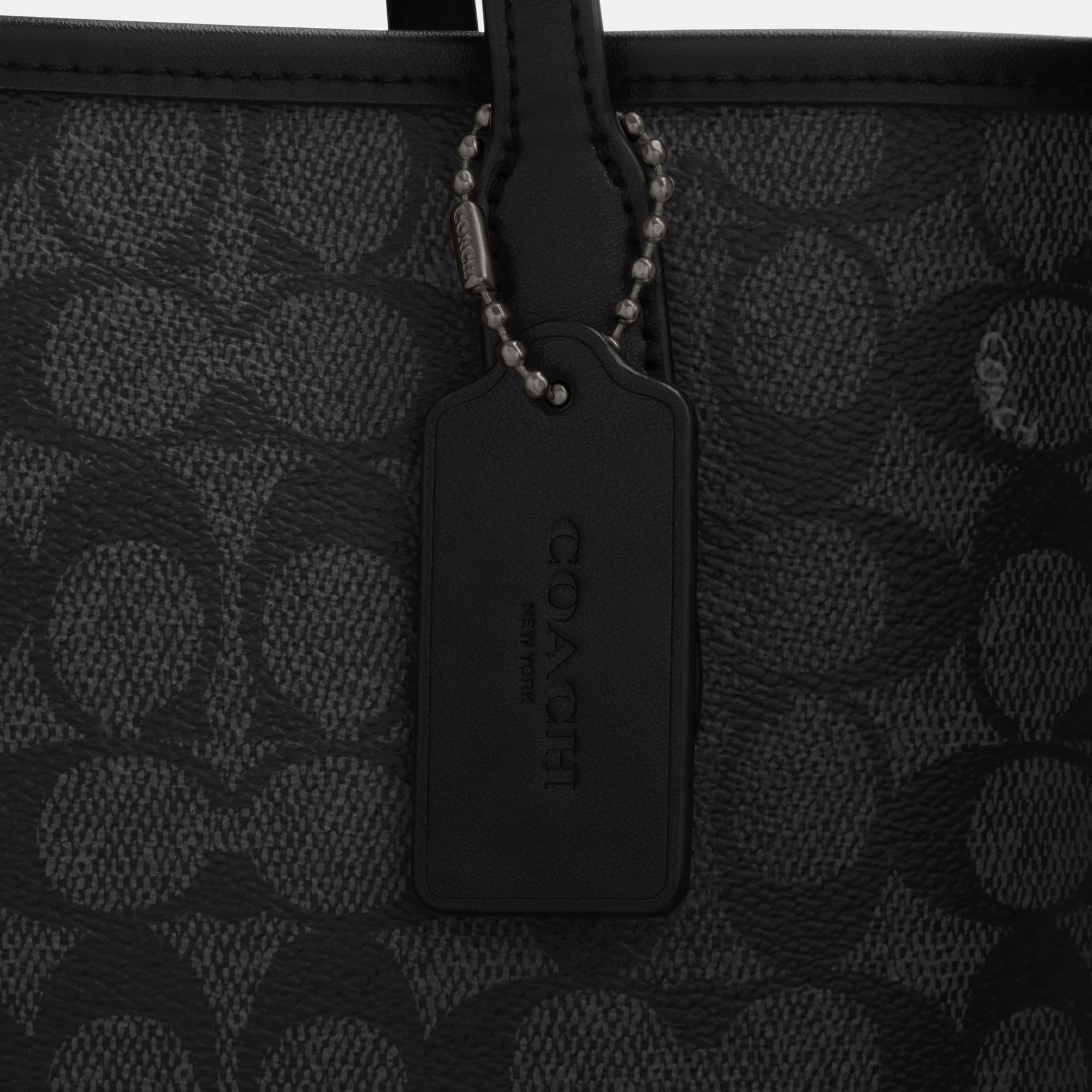 COACH®,City Tote Bag In Signature Canvas,Tote,Metal,Tag Embellishment,Color Block,Embossed,Piping,Logo,Casual,Black,Closer View