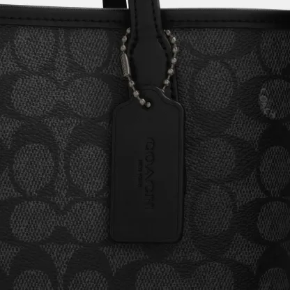 COACH®,City Tote Bag In Signature Canvas,Tote,Metal,Tag Embellishment,Color Block,Embossed,Piping,Logo,Casual,Black,Closer View