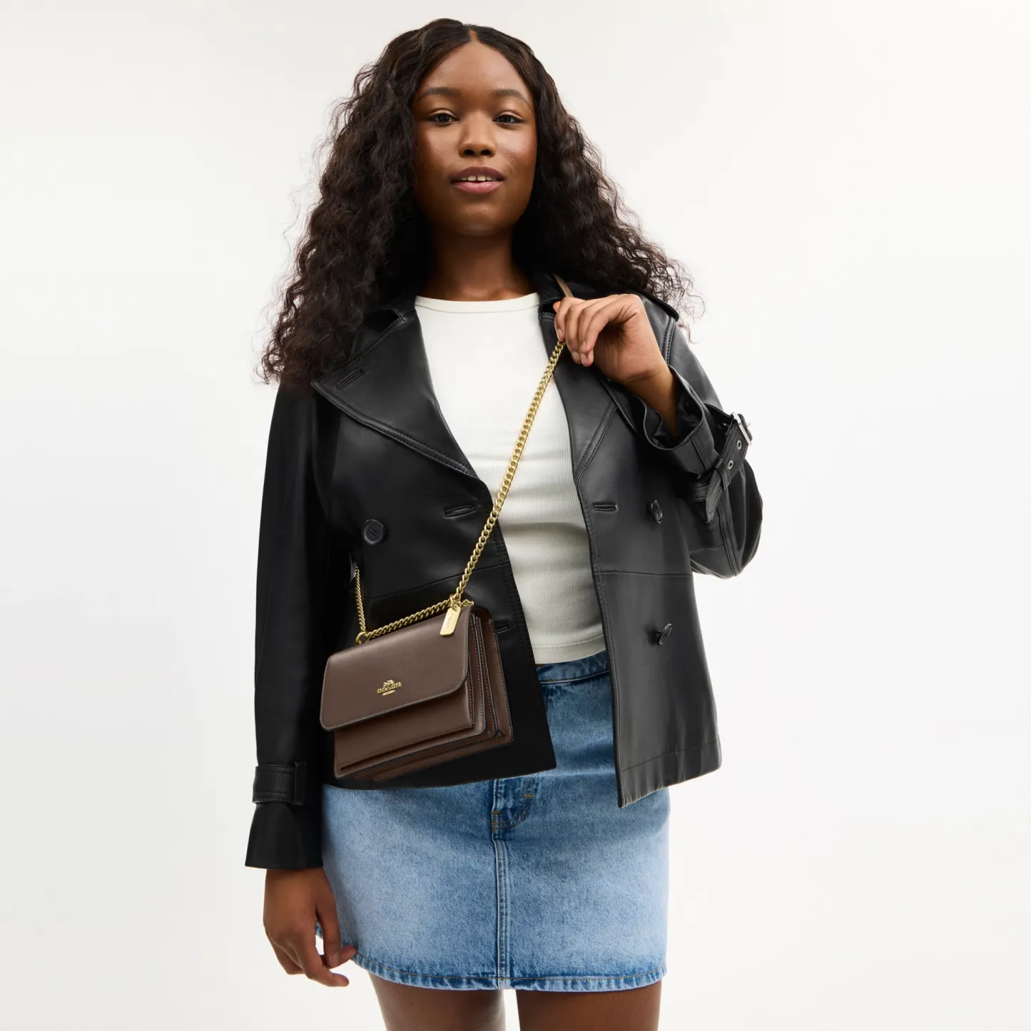 COACH®,Mini Klare Crossbody Bag,Calfskin Leather,Leather,Fabric,Crossbody,Embellished,Compact,Lined,Gold Metal,Day Party,Brown