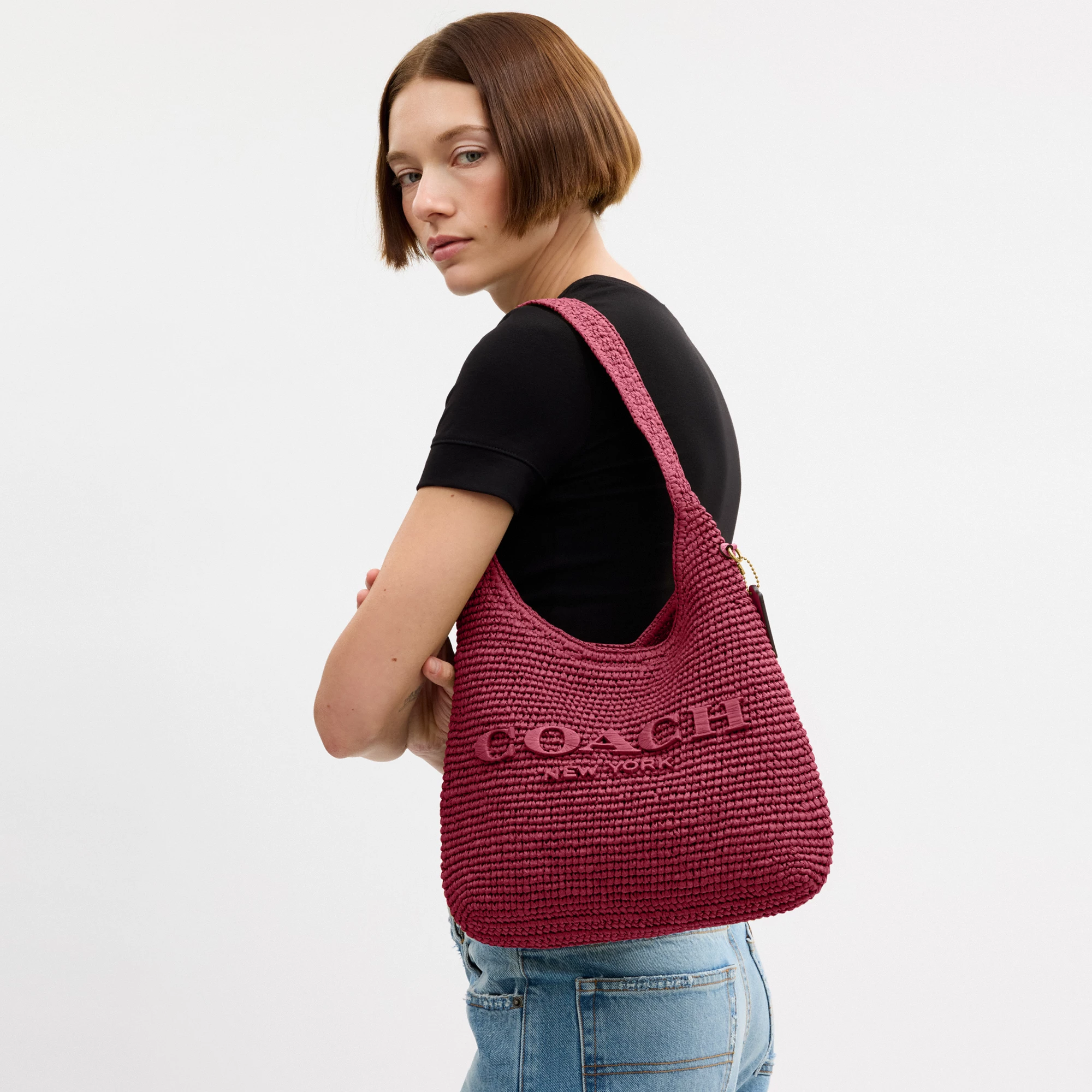 COACH®,Brooklyn Shoulder Bag 28,Calfskin Leather,Hobo,Straw,Applique,Pendant,Logo,Brass,Casual,,Detail View