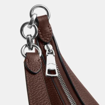 COACH®,Mini Payton Bag,Leather,Recycled Polyester,Shoulder Bag,Logo,Metal,Chain Detail,Compact,Gold Metal,Day Party,Brown,Closer View