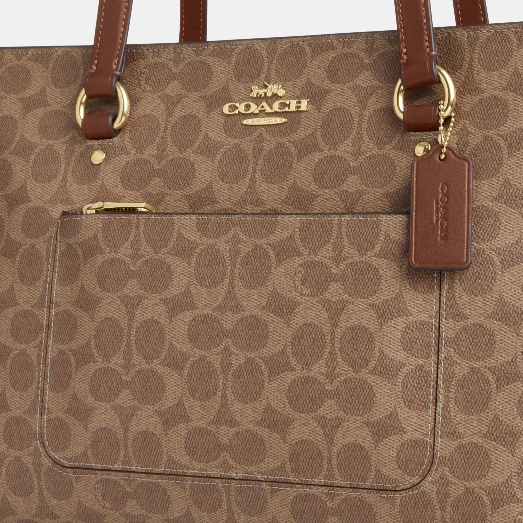 COACH®,Station Tote Bag In Signature Canvas,Canvas,Fabric,Mixed Media,Leather,Tote,Logo,Pattern,Luggage Tag,Lined,Silver M...,Brown,Closer View