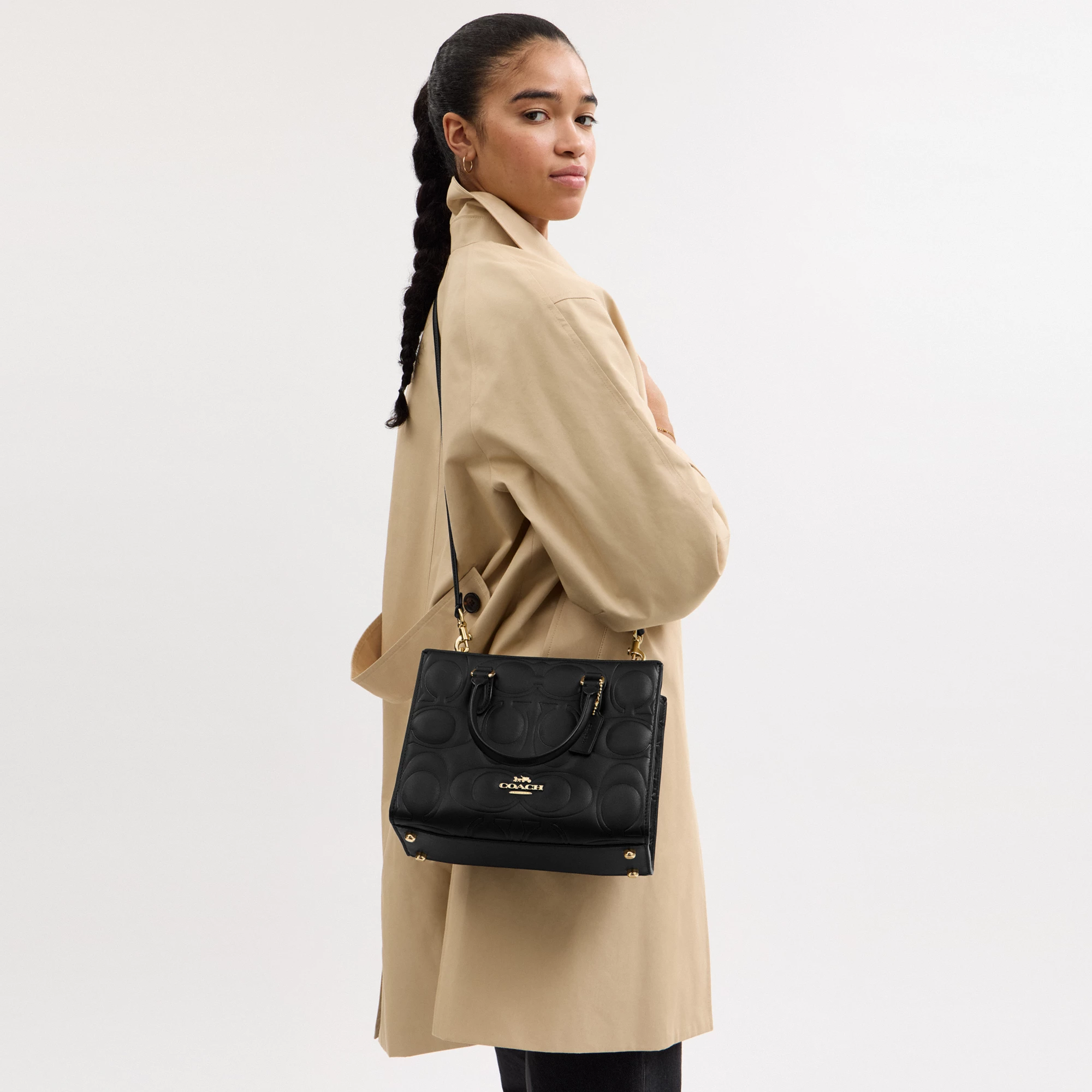 COACH®,Maggie Small Tote Bag In Signature Leather,Leather,Crossbody,Work,Black,Detail View