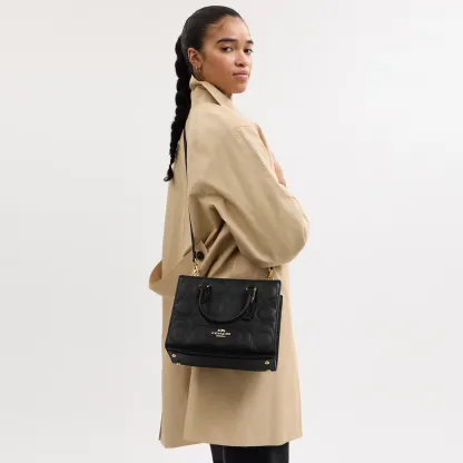 COACH®,Maggie Small Tote Bag In Signature Leather,Leather,Crossbody,Work,Black,Detail View
