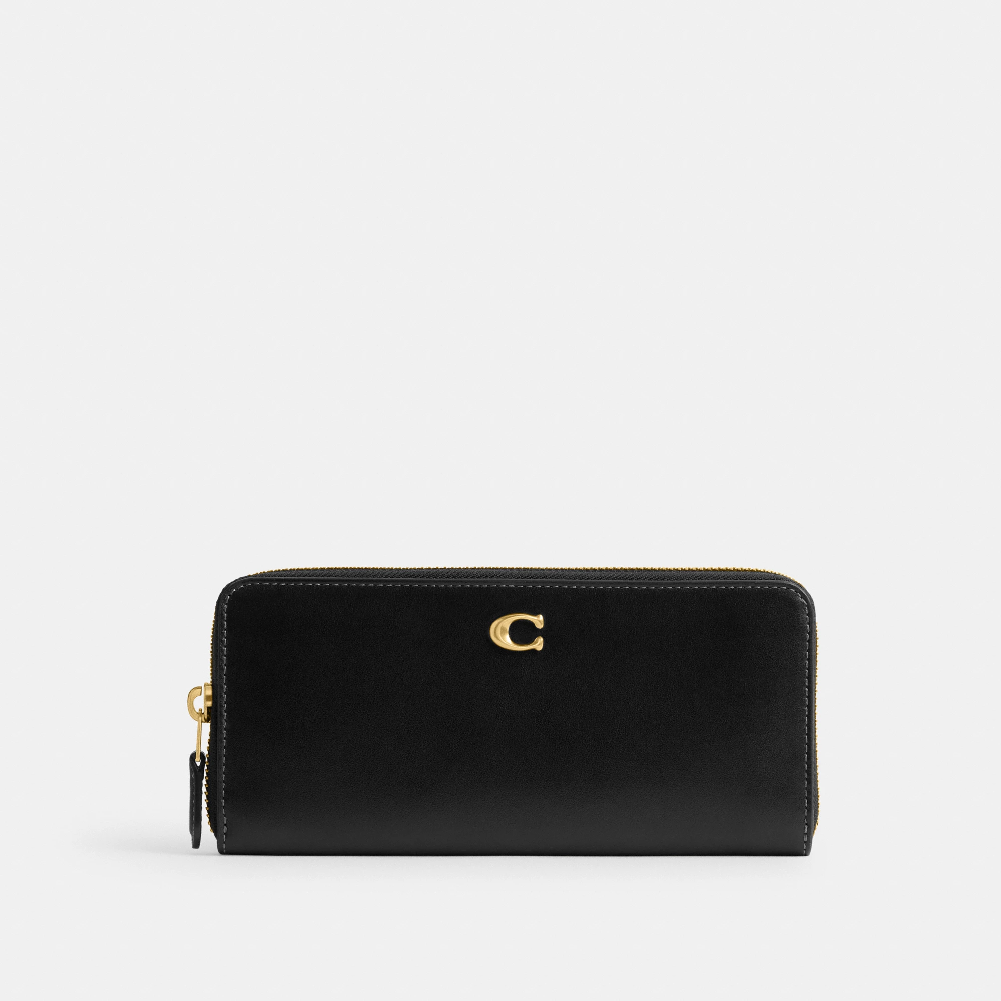 COACH®,Essential Slim Accordion Zip Wallet,Calfskin Leather,Leather,Continental,Logo,Metal,Casual,Black,Front View