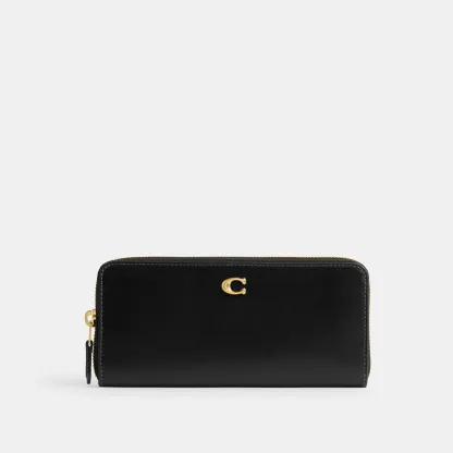 COACH®,Essential Slim Accordion Zip Wallet,Calfskin Leather,Leather,Continental,Logo,Metal,Casual,Black,Front View