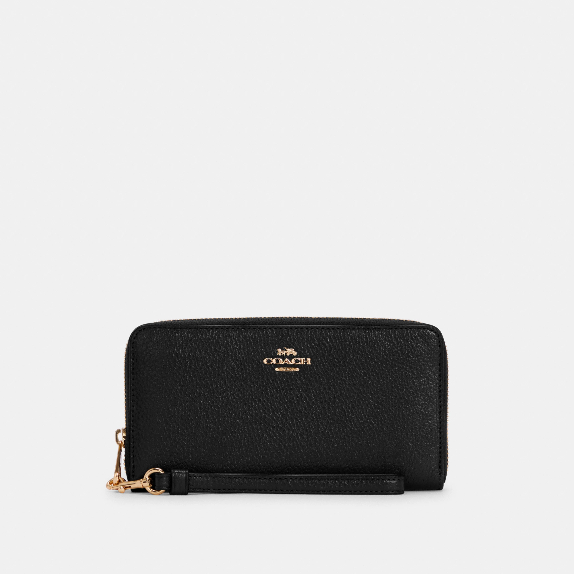 COACH®,Long Zip Around Wallet,Leather,Wristlet,Continental,Gold Metal,Casual,Black,Front View