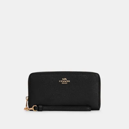 COACH®,Long Zip Around Wallet,Leather,Wristlet,Continental,Gold Metal,Casual,Black,Front View