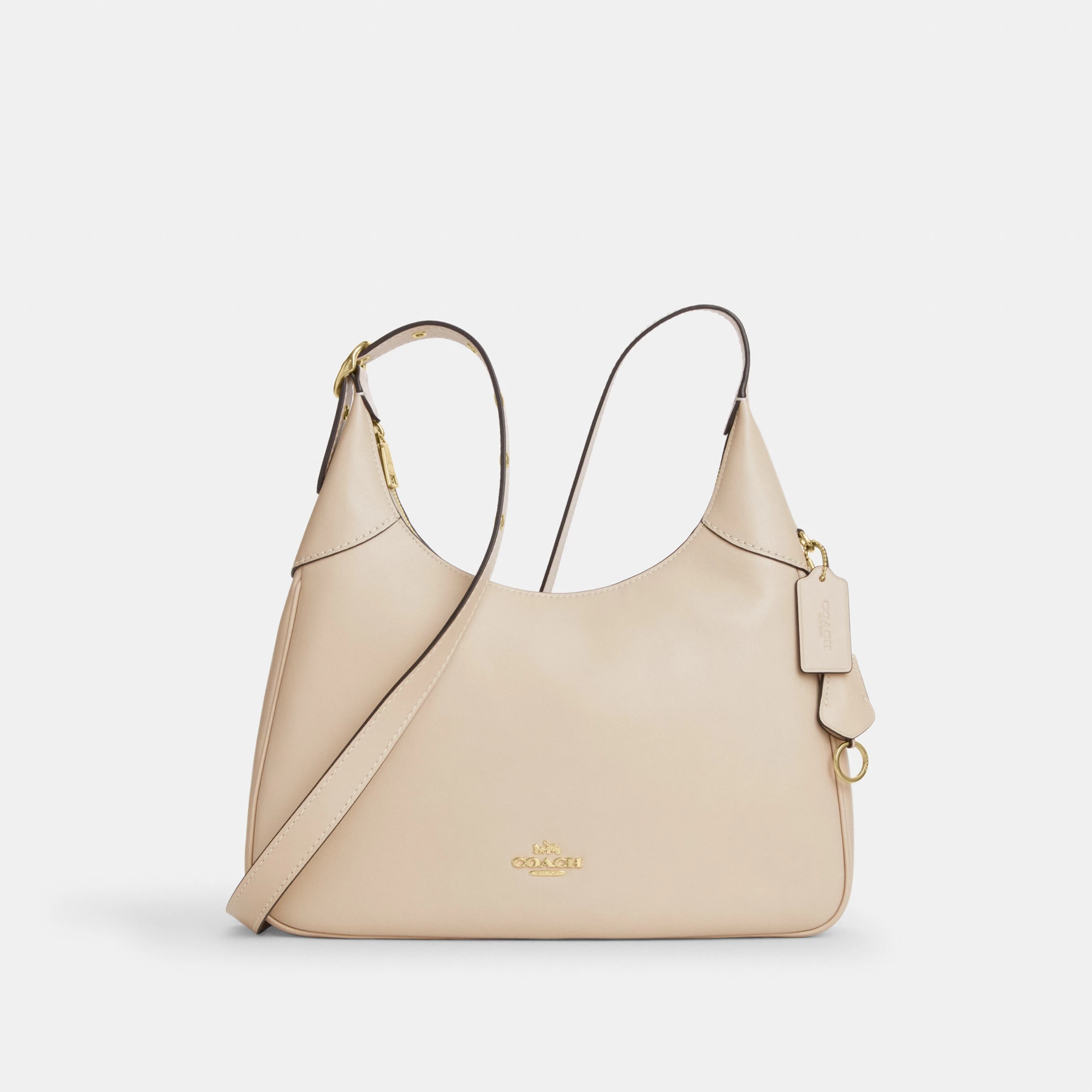 COACH®,Ella Shoulder Bag,Leather,Shoulder Bag,Adjustable,Lined,Gold Metal,Casual,Beige,Front View