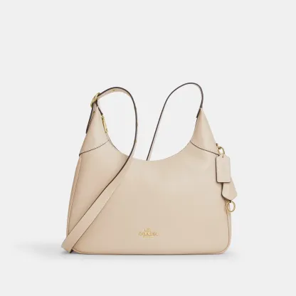 COACH®,Ella Shoulder Bag,Leather,Shoulder Bag,Adjustable,Lined,Gold Metal,Casual,Beige,Front View