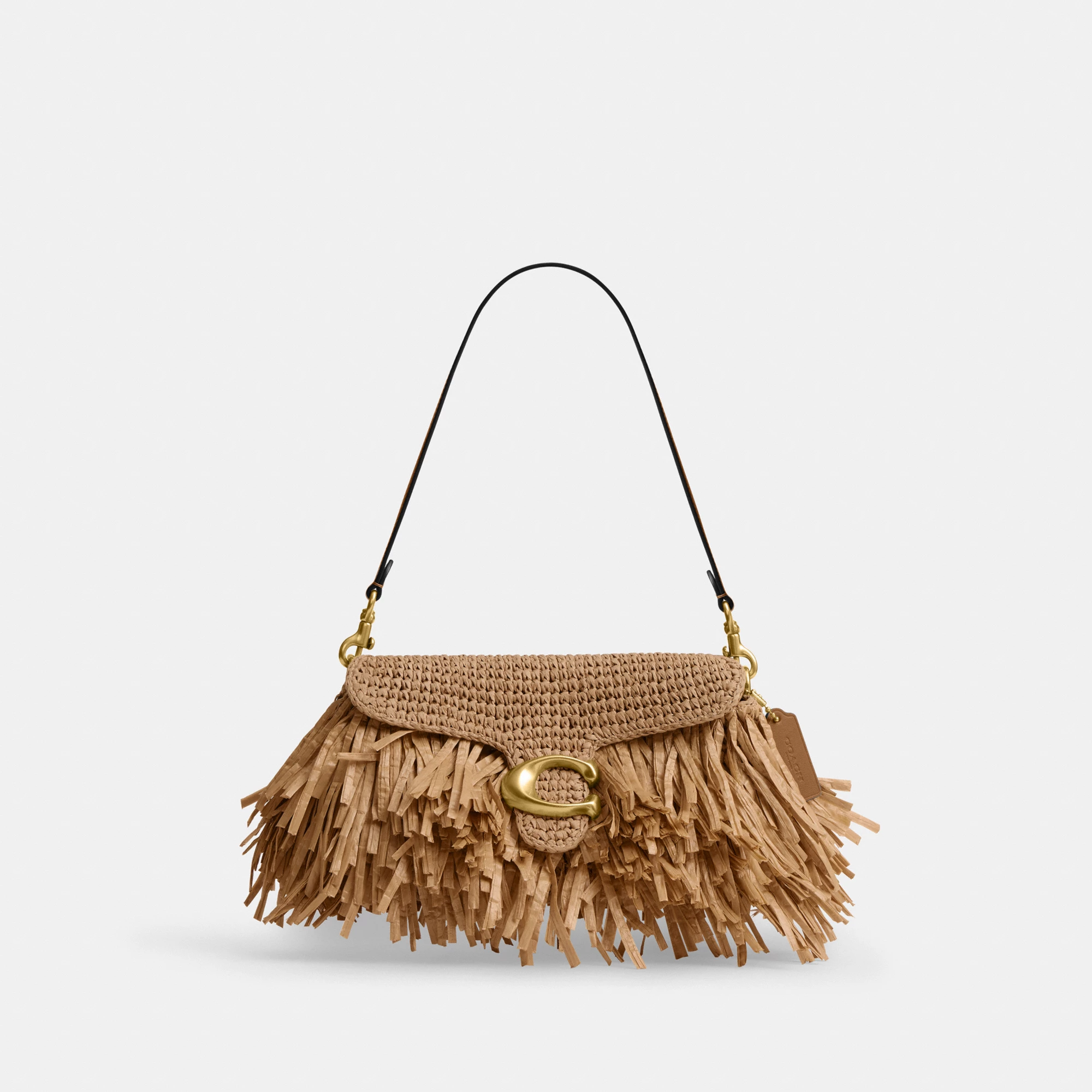 COACH®,Tabby Shoulder Bag 26,Crossbody,Shoulder Bag,Straw,Logo,Fringe,Brass,Casual,Beige,Angle View