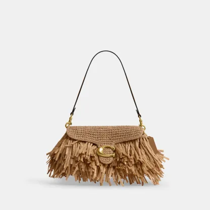 COACH®,Tabby Shoulder Bag 26,Crossbody,Shoulder Bag,Straw,Logo,Fringe,Brass,Casual,Beige,Angle View