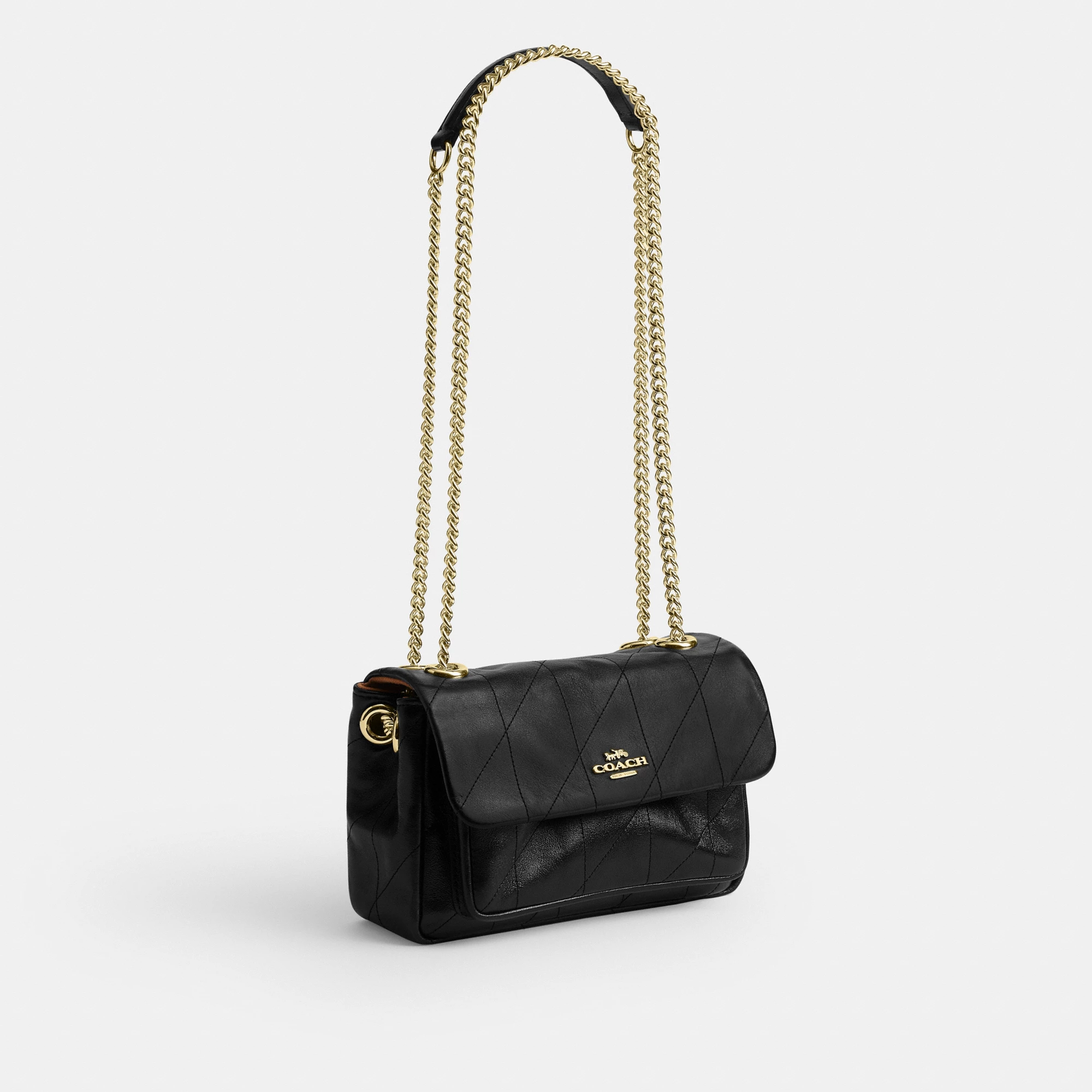 COACH®,Elodie Crossbody Bag 18 With Quilting,Leather,Recycled Polyester,Polyester,Crossbody,Metal Material,Metal,Logo,Sust...,Black,Angle View