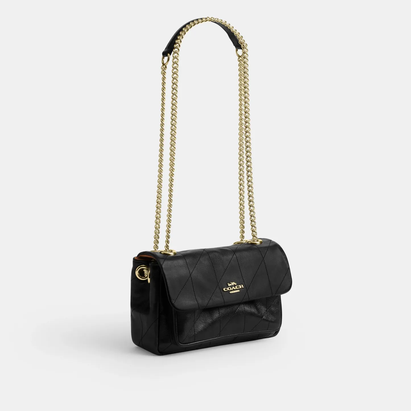 COACH®,Elodie Crossbody Bag 18 With Quilting,Leather,Recycled Polyester,Polyester,Crossbody,Metal Material,Metal,Logo,Sust...,Black,Angle View