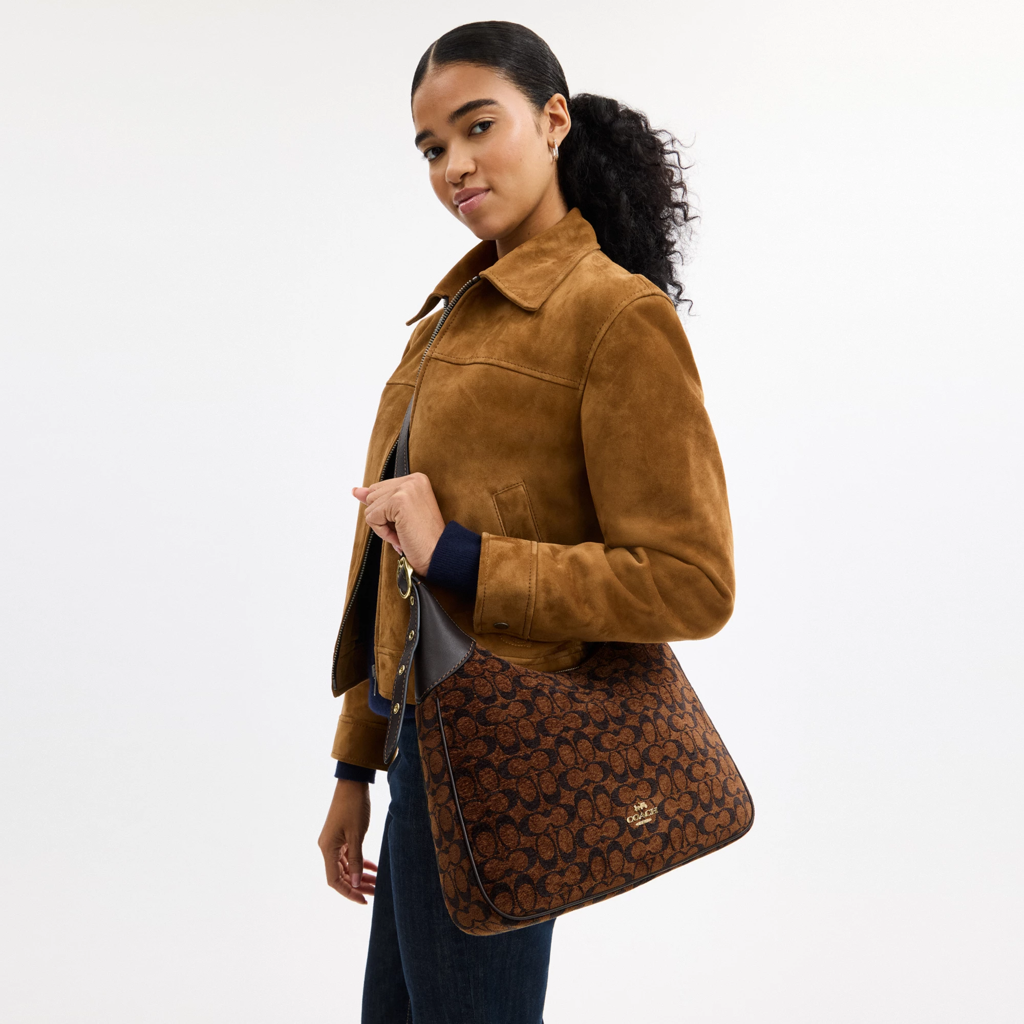 COACH®,Ella Shoulder Bag In Signature Chenille,Mixed Media,Leather,Crossbody,Word Embellishment,Logo,Metal,Lined,Adjustabl...,Brown,Detail View