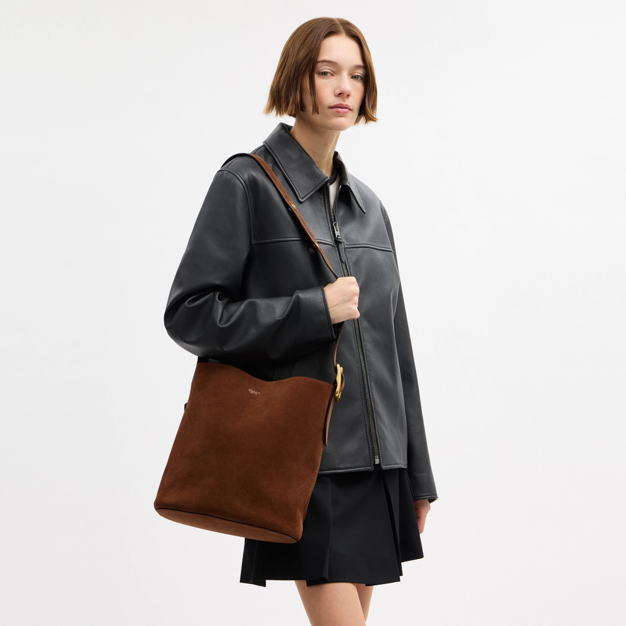 COACH®,Bleecker Bucket Bag,Leather,Suede,Bucket,Hobo,Embellished,Lined,Adjustable,Gold Metal,Casual,Brown,Detail View