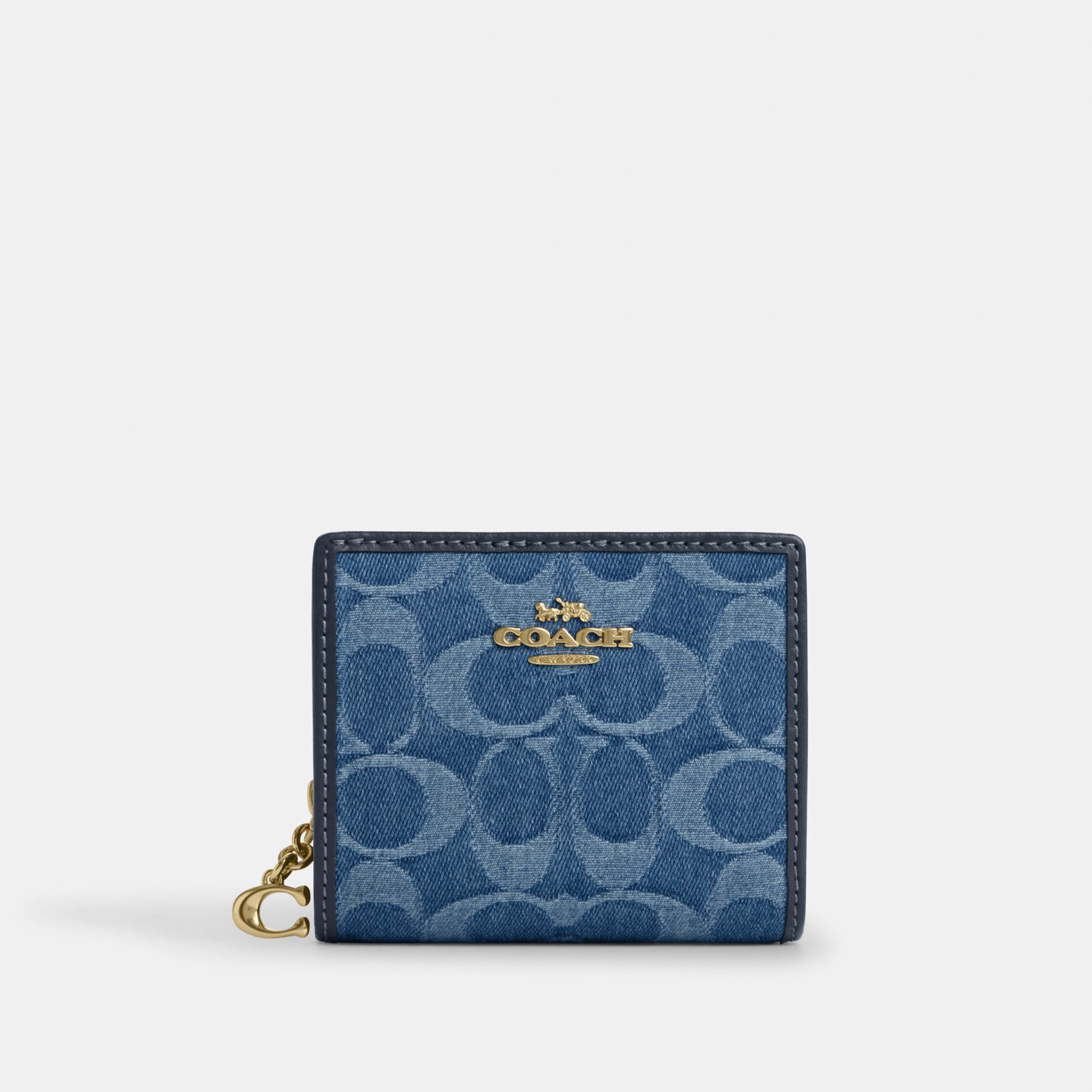 COACH®,Snap Wallet In Signature Denim,Leather,Cotton,Denim,Bi Fold,Metal,Logo,Casual,Blue,Front View