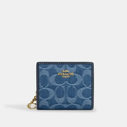 COACH®,Snap Wallet In Signature Denim,Leather,Cotton,Denim,Bi Fold,Metal,Logo,Casual,Blue,Front View