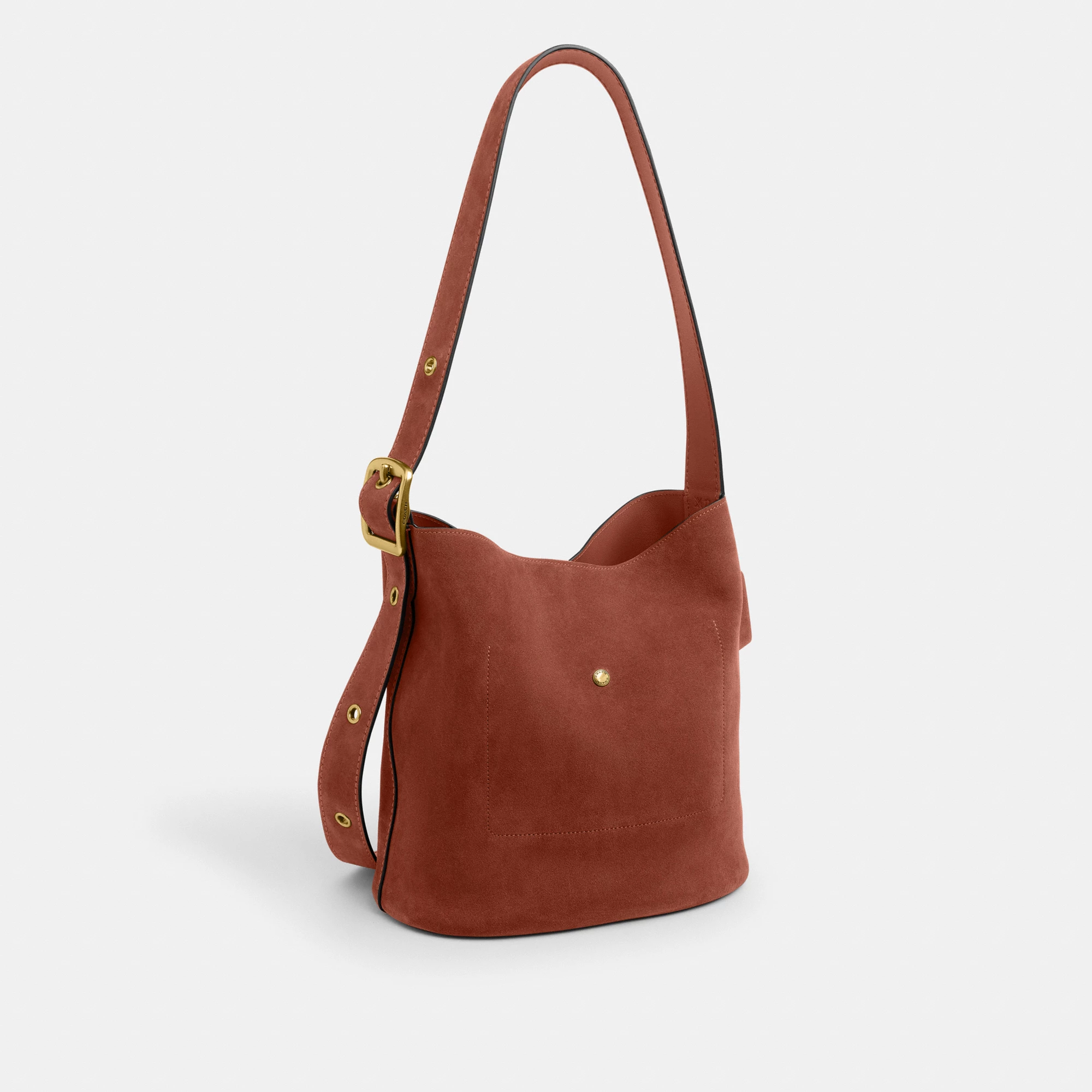 COACH®,Bleecker Bucket Bag,Leather,Suede,Bucket,Hobo,Embellished,Lined,Adjustable,Gold Metal,Casual,Brown,Angle View