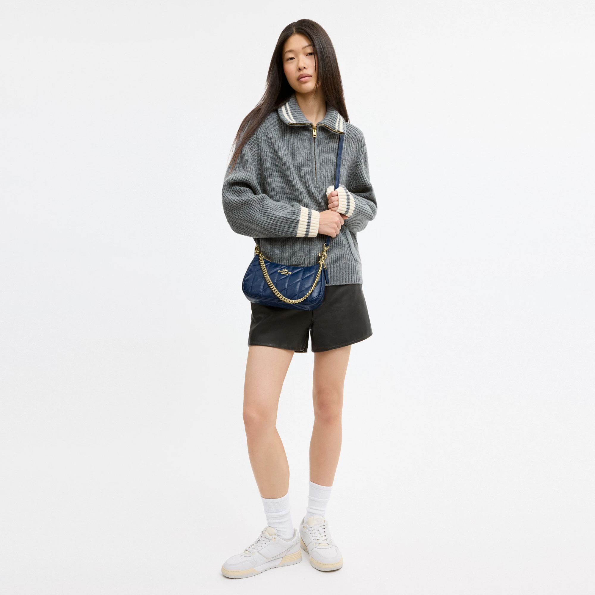 COACH®,Teri Shoulder Bag With Quilting,Recycled Polyester,Leather,Shoulder Bag,Metal,Logo,Silver Metal,Casual,Blue