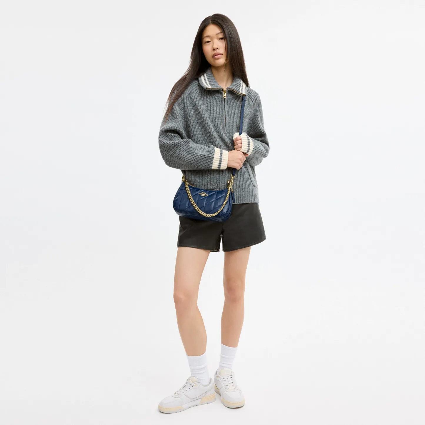 COACH®,Teri Shoulder Bag With Quilting,Recycled Polyester,Leather,Shoulder Bag,Metal,Logo,Silver Metal,Casual,Blue