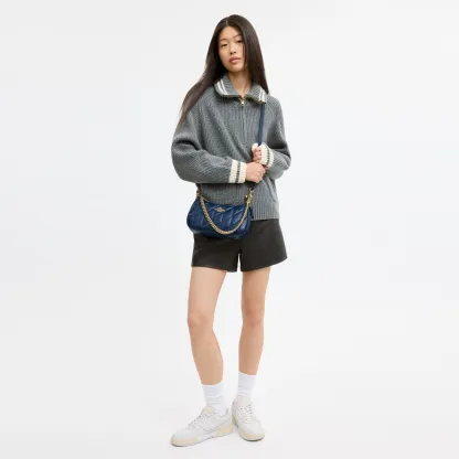 COACH®,Teri Shoulder Bag With Quilting,Recycled Polyester,Leather,Shoulder Bag,Metal,Logo,Silver Metal,Casual,Blue