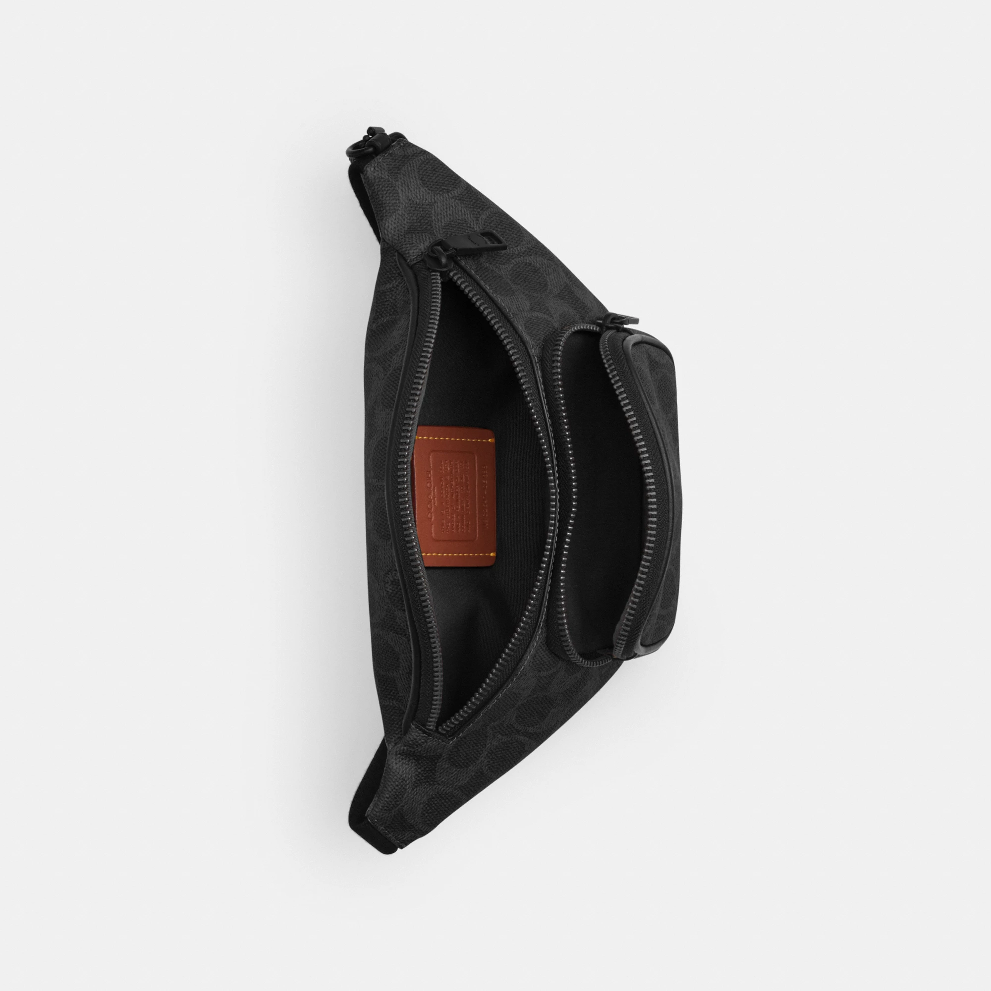 COACH®,Travis Belt Bag 30 In Signature Canvas,Recycled Polyester,Leather,Canvas,Belt Bag,Logo,Adjustable,Gunmetal,Casual,Black,Inside View,Top View