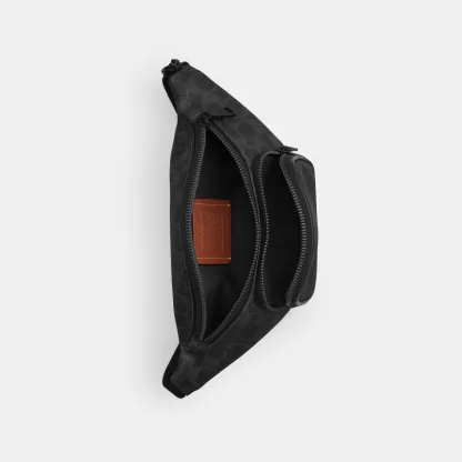 COACH®,Travis Belt Bag 30 In Signature Canvas,Recycled Polyester,Leather,Canvas,Belt Bag,Logo,Adjustable,Gunmetal,Casual,Black,Inside View,Top View