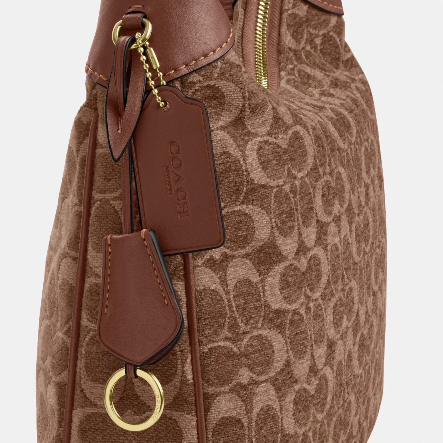 COACH®,Ella Shoulder Bag In Signature Chenille,Mixed Media,Leather,Crossbody,Word Embellishment,Logo,Metal,Lined,Adjustabl...,Brown,Closer View