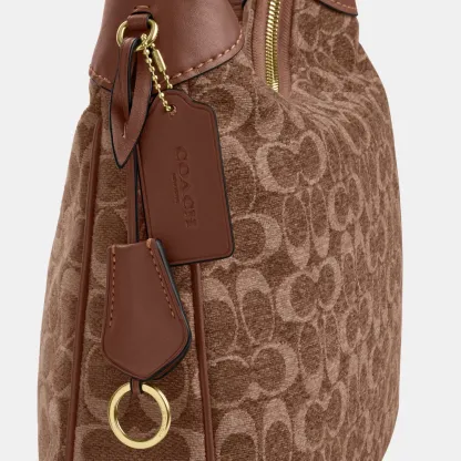 COACH®,Ella Shoulder Bag In Signature Chenille,Mixed Media,Leather,Crossbody,Word Embellishment,Logo,Metal,Lined,Adjustabl...,Brown,Closer View